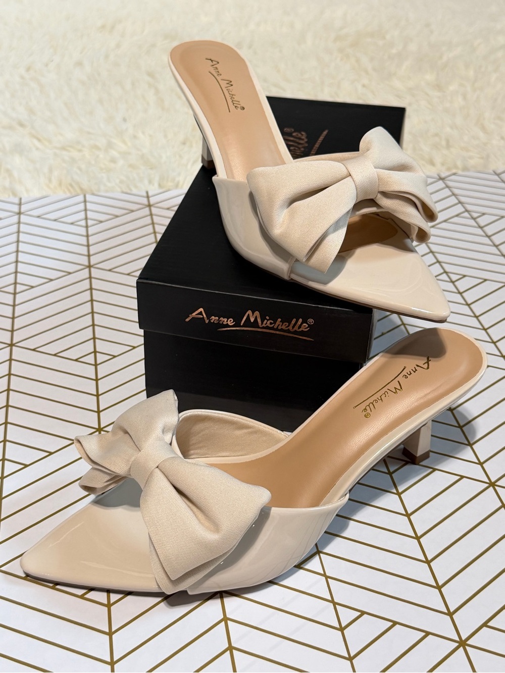 Anne Michelle Cream Pointed-Toe Mule Heels with Bow